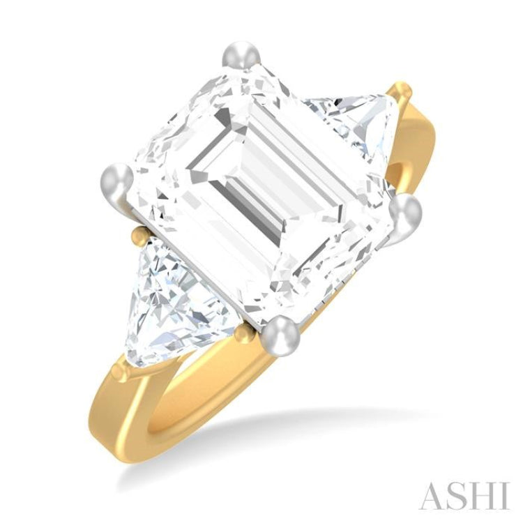 1 ctw Emerald Shape Trillion and Round Cut Diamond Semi Mount Engagement Ring in 14K yellow and White Gold