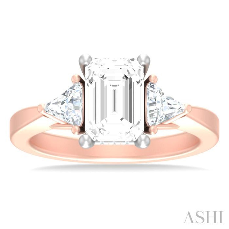1/2 ctw Emerald Shape Trillion and Round Cut Diamond Semi Mount Engagement Ring in 14K Rose and White Gold