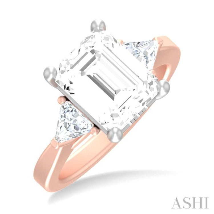 1/2 ctw Emerald Shape Trillion and Round Cut Diamond Semi Mount Engagement Ring in 14K Rose and White Gold