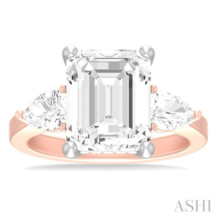 1 ctw Tri-Mount Emerald Shape Center Pear and Round Cut Diamond Semi Mount Engagement Ring in 14K Rose and White Gold