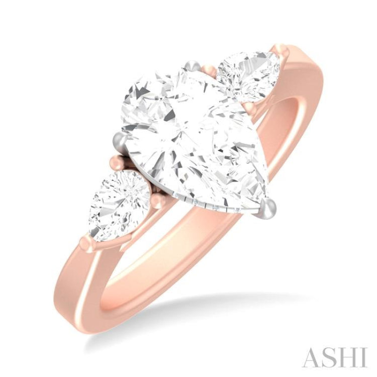 1/2 ctw Tri-Mount Centerpiece Pear and Round Cut Diamond Semi Mount Engagement Ring in 14K Rose and White Gold