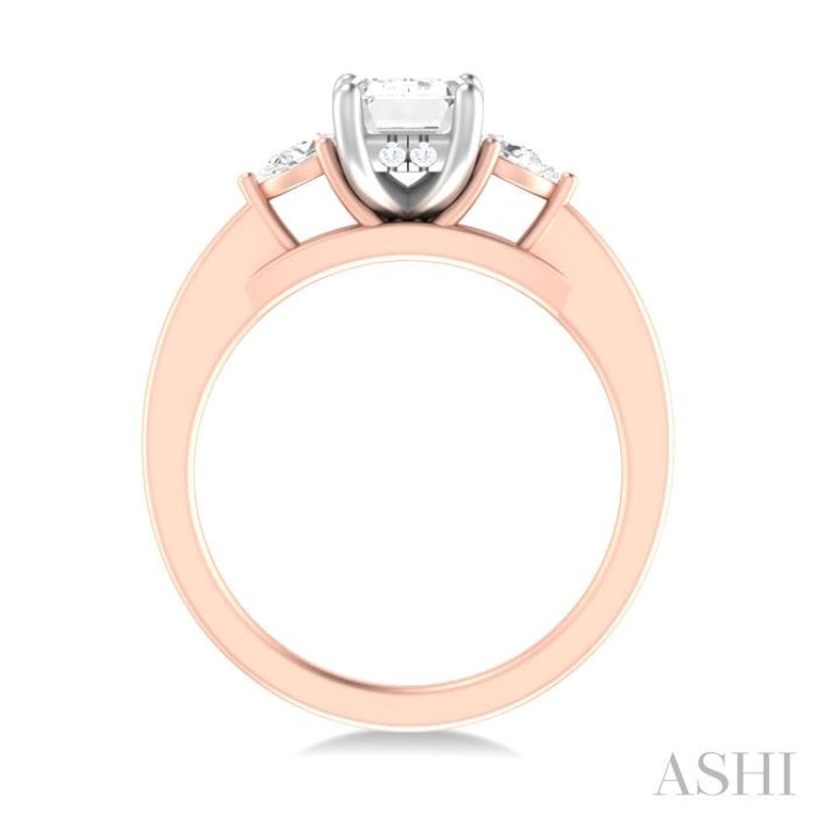 1/4 ctw Tri-Mount Emerald Shape Center Pear and Round Cut Diamond Semi Mount Engagement Ring in 14K Rose and White Gold