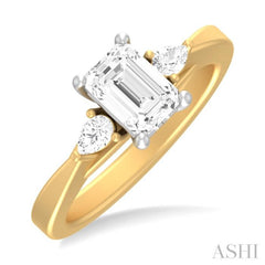 1/4 ctw Tri-Mount Emerald Shape Center Pear and Round Cut Diamond Semi Mount Engagement Ring in 14K Yellow and White Gold