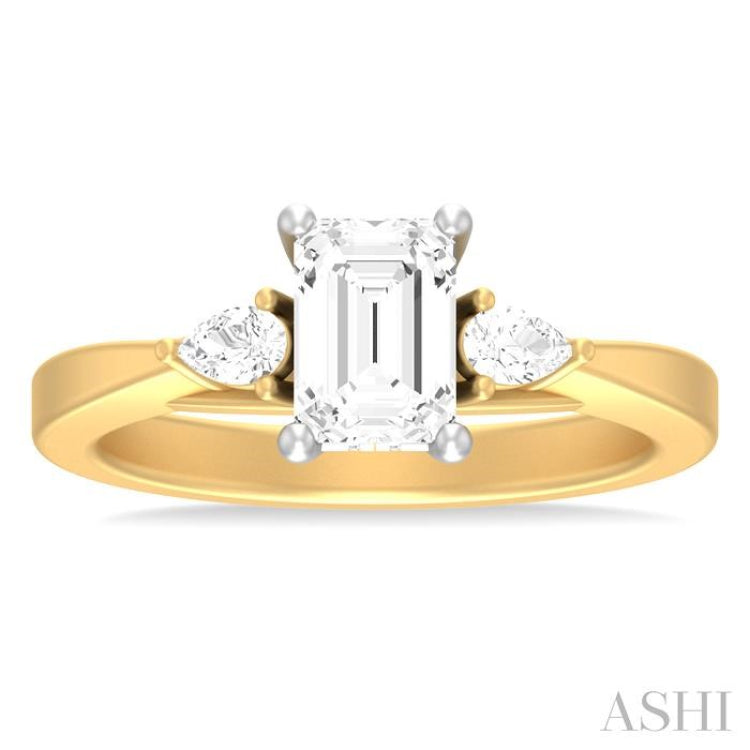 1/4 ctw Tri-Mount Emerald Shape Center Pear and Round Cut Diamond Semi Mount Engagement Ring in 14K Yellow and White Gold