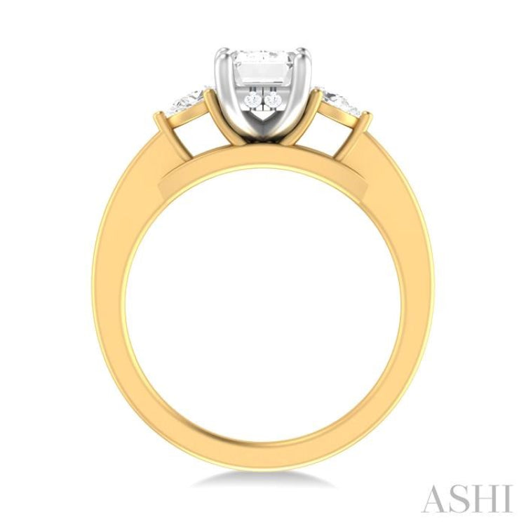 1/4 ctw Tri-Mount Emerald Shape Center Pear and Round Cut Diamond Semi Mount Engagement Ring in 14K Yellow and White Gold