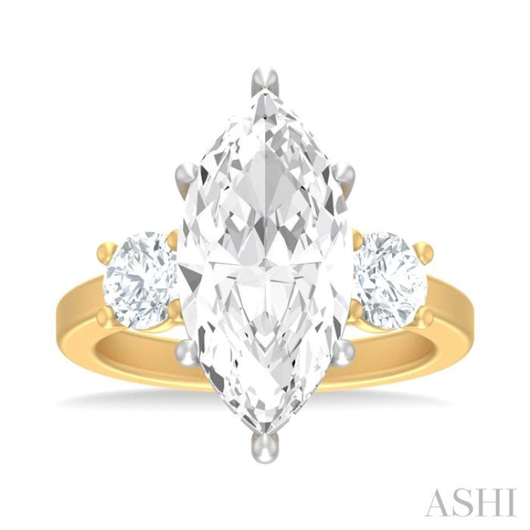 1 ctw Tri-Mount Marquise Shape Center Round Cut Diamond Semi Mount Engagement Ring in 14K Yellow and White Gold