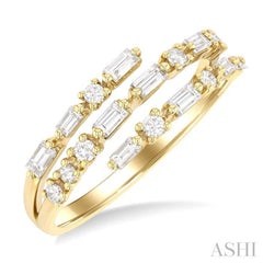 1/2 ctw Split Triple-Arm Baguette and Round Cut Diamond Open Fashion Band in 14K Yellow Gold