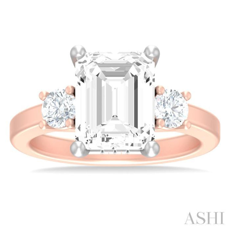 1/2 ctw Tri-Mount Emerald Shape Center Round Cut Diamond Semi Mount Engagement Ring in 14K Rose and White Gold