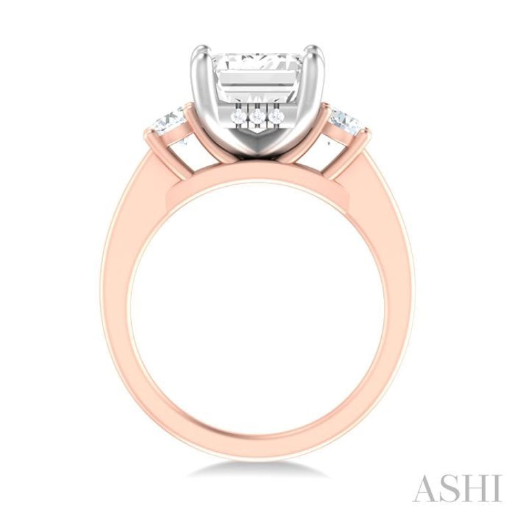 1/2 ctw Tri-Mount Emerald Shape Center Round Cut Diamond Semi Mount Engagement Ring in 14K Rose and White Gold