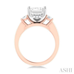 1/2 ctw Tri-Mount Emerald Shape Center Round Cut Diamond Semi Mount Engagement Ring in 14K Rose and White Gold