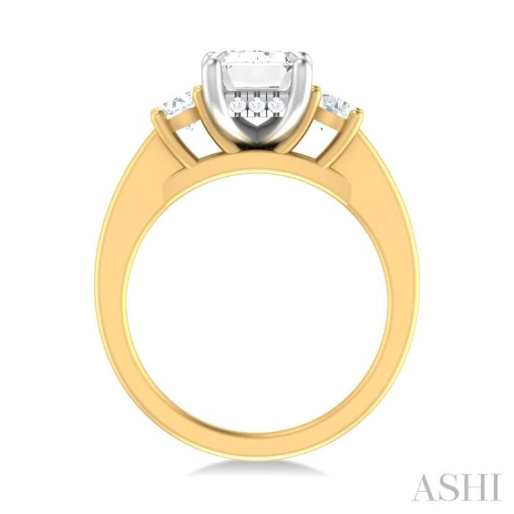 1/2 ctw Tri-Mount Emerald Shape Center Round Cut Diamond Semi Mount Engagement Ring in 14K Yellow and White Gold