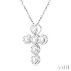 1 1/2 ctw Round Cut Diamond 6-Stone Bezel Set Cross Pendant With Chain in 14K White Gold
