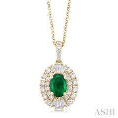 7x5 MM Oval Cut Emerald and 5/8 ctw Baguette & Round Cut Diamond Precious Pendant With Chain in 14K Yellow Gold
