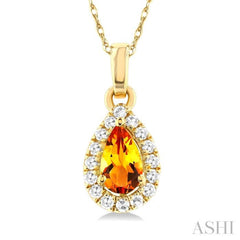 5x3 MM Pear Shape Citrine and 1/20 ctw Single Cut Diamond Halo Semi Precious Pendant with Chain in 14K Yellow Gold