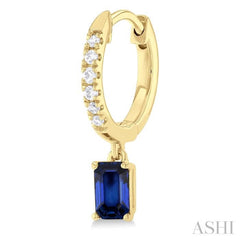 5x3 MM Emerlad Cut Sapphire and 1/8 ctw Round Cut Diamond Precious Petite Fashion Huggies in 10K Yellow Gold