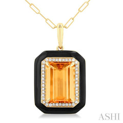 14x10 MM Emerald Cut Citrine and 1/5 ctw Round Cut Diamond Halo & Black Enamel Border Semi Precious Pendant With Chain in 14K Yellow Gold