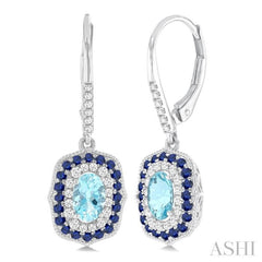 6x4 MM Oval Cut Aquamarine, 1.25 MM Sapphire and 1/3 ctw Round Cut Diamond Halo Precious and Semi Precious Fashion Earrings in 14K White Gold