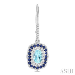 6x4 MM Oval Cut Aquamarine, 1.25 MM Sapphire and 1/3 ctw Round Cut Diamond Halo Precious and Semi Precious Fashion Earrings in 14K White Gold