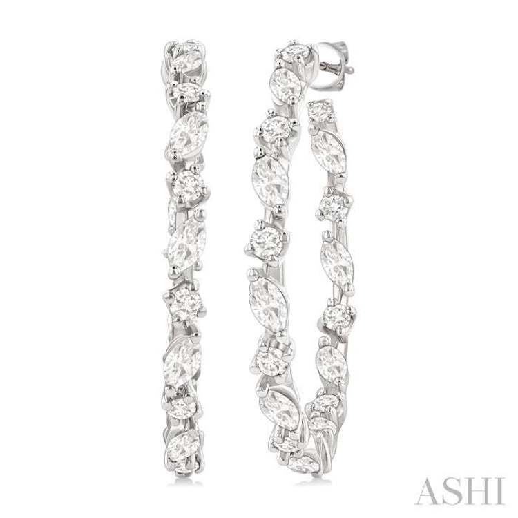 1 1/6 ctw Inside & Outside Marquise and Round Cut Diamond Fashion Open Hoop Earrings in 14K White Gold