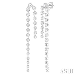 1 ctw Round Cut Diamond Asymmetrical Twin Row Fashion Long Earrings in 14K White Gold