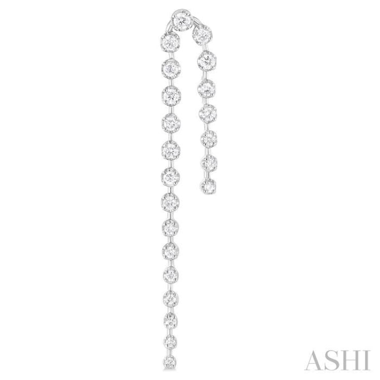 1 ctw Round Cut Diamond Asymmetrical Twin Row Fashion Long Earrings in 14K White Gold