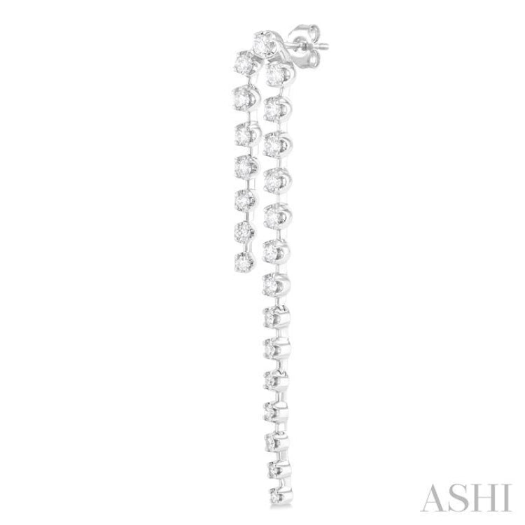 1 ctw Round Cut Diamond Asymmetrical Twin Row Fashion Long Earrings in 14K White Gold