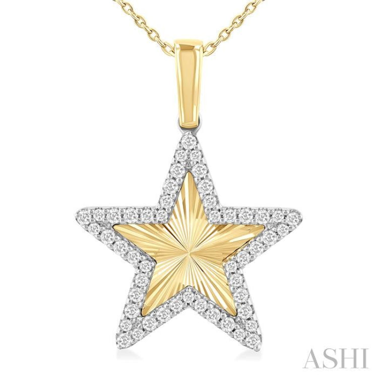 1/4 ctw Fluted Texture Star Round Cut Diamond Fashion Pendant With Chain in 10K Yellow and White Gold