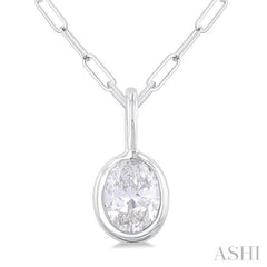 1/5 ctw Oval Cut Bezel Set Diamond Fashion Pendant With Paperclip Chain in 10K White Gold