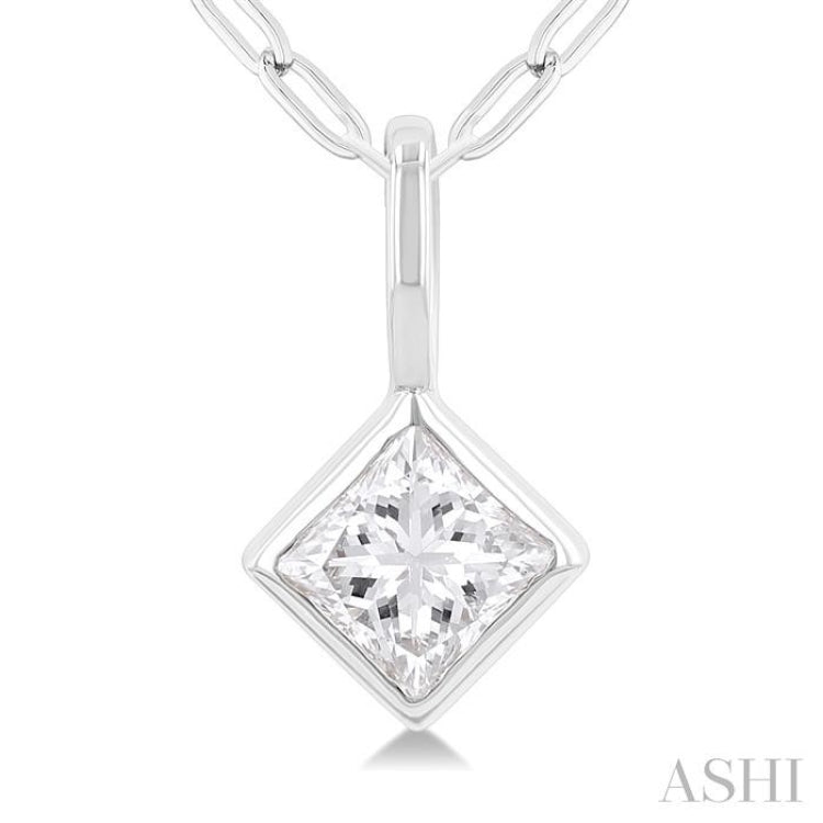1/5 ctw Princess Cut Bezel Set Diamond Fashion Pendant with Paperclip Chain in 10K White Gold