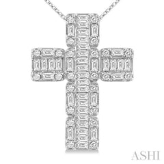 1 ctw Fusion Baguette and Round Cut Diamond Cross Fashion Pendant With Chain in 14K White Gold