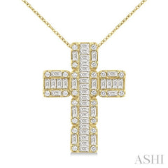 1 ctw Fusion Baguette and Round Cut Diamond Cross Fashion Pendant With Chain in 14K Yellow Gold