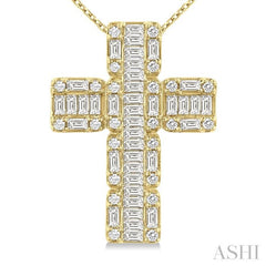 1 ctw Fusion Baguette and Round Cut Diamond Cross Fashion Pendant With Chain in 14K Yellow Gold