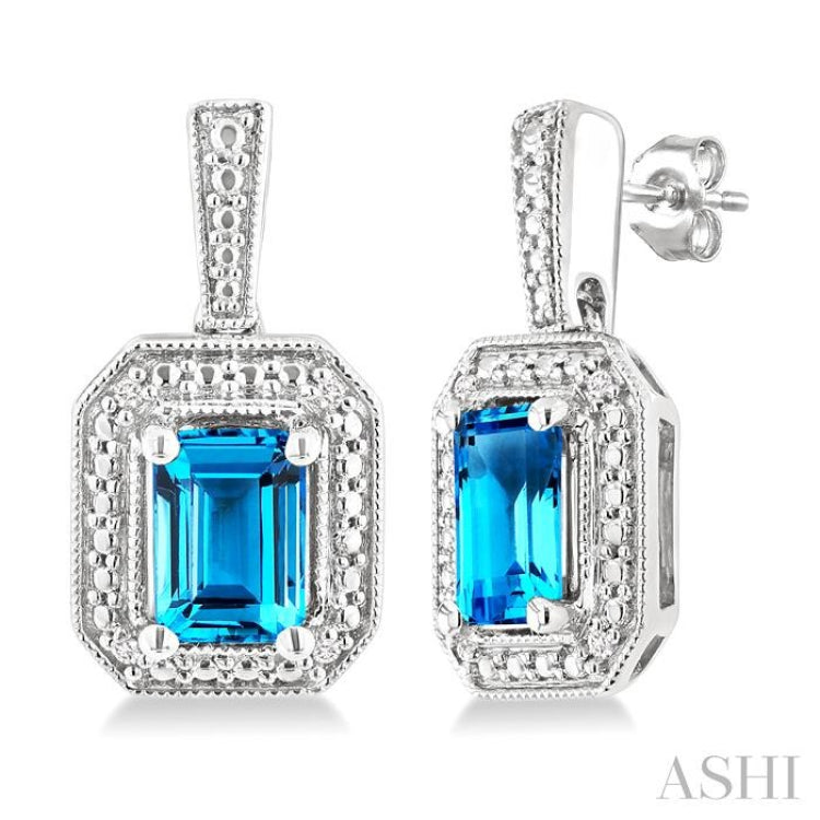 6X4 MM Octagon Shape Blue Topaz and 1/50 Ctw Single Cut Diamond Semi-Precious Earrings in Sterling Silver
