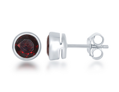 Sterling Silver, "January" Bezel Set Gem Studs - Garnet