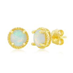 Sterling Silver, 9mm White Opal Rope Design Border Stud Earrings - Gold Plated and Sterling