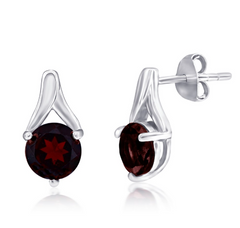Sterling Silver, Round 6MM Gem Earrings - Garnet
