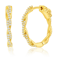 Sterling Silver, 21mm Twisted CZ Hoop Earrings - Gold Plated
