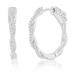 Sterling Silver, 21mm Twisted CZ Hoop Earrings