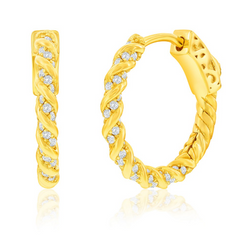 Sterling Silver, 19mm Rope Design CZ Hoop Earrings - Gold Plated