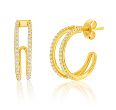 Sterling Silver, Double Row CZ Earrings - Gold Plated