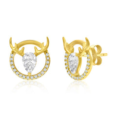 Sterling Silver, Deer Antlers CZ Earrings - Gold Plated