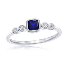 Sterling Silver, Lab-Grown 0.45ct Sapphire & 0.03ct Natural Diamond Ring - (17 Stones)