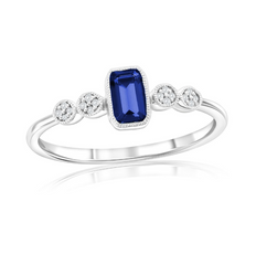 Sterling Silver, Lab-Grown 0.31ct Sapphire & 0.03 Natural Diamond Ring - (17 Stones)