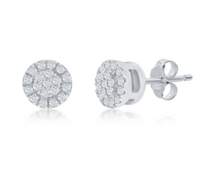 Sterling Silver, Round Halo Diamond 4mm Studs - (38 Stones)