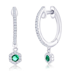Sterling Silver, Lab-Grown 0.15ct Emerald Hexagon Charm, 0.16ct Natural Diamond Huggies -(64 Stones)