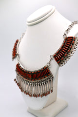 Zuni Coral and Sterling Silver Necklace, Earrings, and Bracelet Set