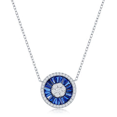 Sterling Silver, White CZ and Sapphire CZ Baguette Circle Necklace
