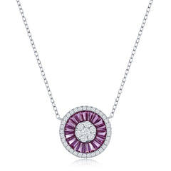 Sterling Silver, White CZ and Ruby CZ Baguette Circle Necklace