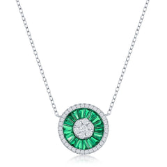 Sterling Silver, White CZ and Emerald CZ Baguette Circle Necklace