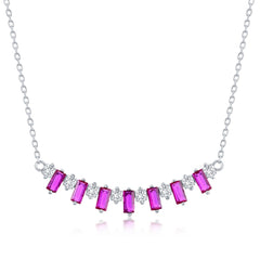 Sterling Silver Baguette CZ Bar Necklace - Pink Topaz CZ